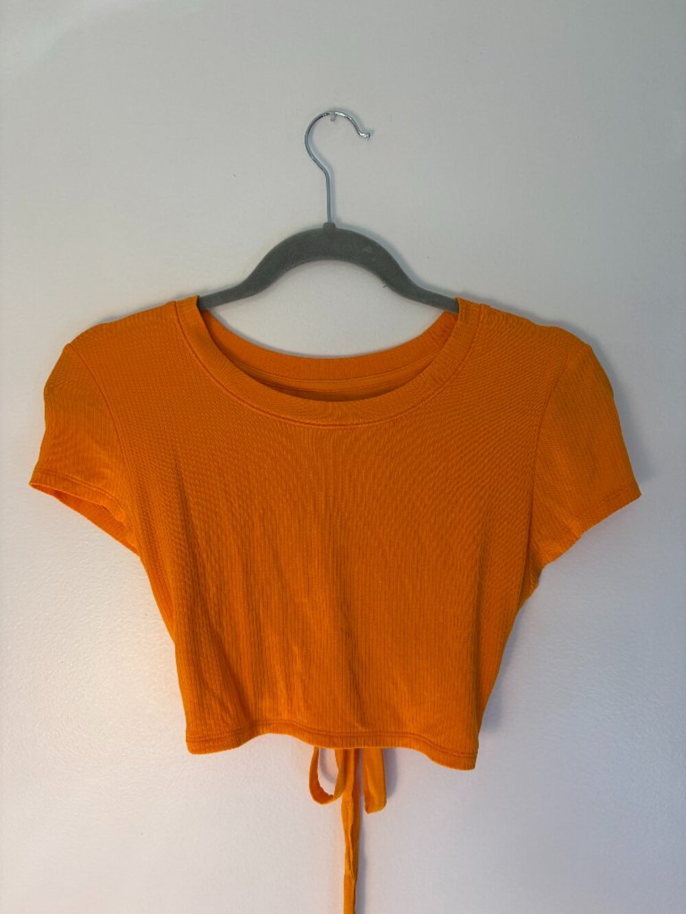 Aerie Neon Orange Ribbed Cropped Wrap Tie Waist Top